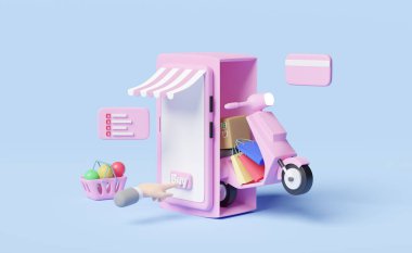 Dükkanın önündeki pembe akıllı telefon, işadamı el işaretleri, kağıt torbalar, alışveriş sepeti, ampul, scooter, eşya kutusu, sipariş, çizelgeler, sipariş izleme veya çevrimiçi dağıtım konsepti, 3D çizim veya 3D çizim