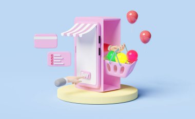 cep telefonu ya da akıllı telefon mağaza önü, silindir podyum, alışveriş sepeti, işadamı eli, ampul, mavi üzerine kredi kartı, bayilik işi ya da çevrimiçi alışveriş konsepti, 3D çizim ya da 3D