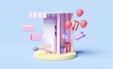 cep telefonu veya akıllı telefon mağaza önü, silindir podyum, işadamı eli, hediye kutusu, mavi arka planda izole edilmiş kredi kartı, şenlikli yeni yıl veya çevrimiçi alışveriş konsepti, 3D illüstrasyon veya 3D canlandırma