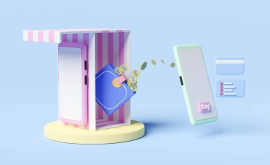 cep telefonu veya akıllı telefon, mağaza önü, silindir podyum, cüzdan, dolar paraları, mavi arka planda izole edilmiş kredi kartı, tasarruf veya çevrimiçi alışveriş konsepti, 3d illüstrasyon veya 3d görüntüleme