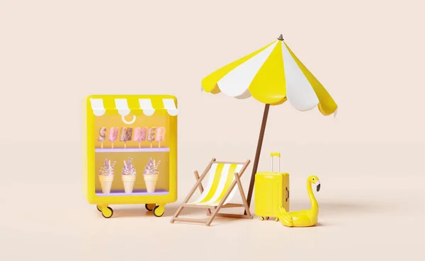 Shop Store Ice Cream Showcases Fridge Yellow Suitcase Beach Chair Stock Image