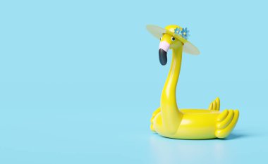 Sarı şişme flamingo, pembe arka planda izole edilmiş şapka ve kopyalama alanı var. Konsept 3d illüstrasyon veya 3d canlandırma