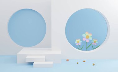 Beyaz podyum, mavi pastel renkte çiçeklerle dolu. Yaz dekorasyonu konsepti, soyut gösteri arkaplanı, 3d illüstrasyon veya 3d canlandırma