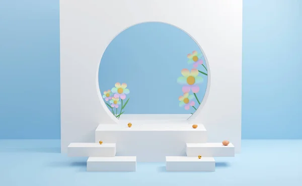 Pódio Estágio Branco Vazio Com Flor Composição Pastel Azul Verão — Fotografia de Stock