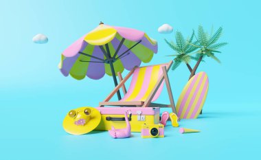 Sarı bavul, plaj sandalyesi, güneş gözlüğü, kamera, şemsiye, şişme flamingo, sandalet, şapka, palmiye, mavi arka planda izole edilmiş kamera, konsept 3d illüstrasyon veya 3d canlandırma