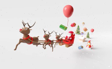 Noel Baba, beyaz arka planda izole edilmiş ev, hediye kutusu, kar, Noel ağacı veya poster veya mutluluk kartları, afiş ve bayram yılbaşı, 3D çizim veya 3D resimli ren geyiği kızağına biner.