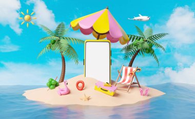 cep telefonu veya cep telefonu, plaj sandalyesi, ada, hindistan cevizi, bavul, şemsiye, sandalet, uçak, sörf tahtası, mavi gökyüzünde şişirilebilir flamingo. Yaz tatili konsepti, 3D illüstrasyon veya 3D çizim