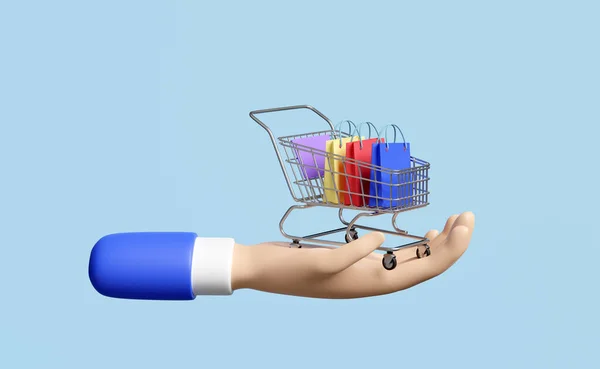 Cartoon Hands Holding Shopping Cart Colorful Paper Bags Isolated Blue — Stock Photo, Image