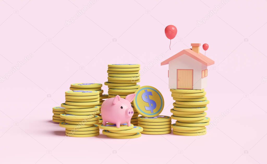 piggy bank with house,gold coins pile, saving money concept, isolated on pink pastel background,3d illustration or 3d render