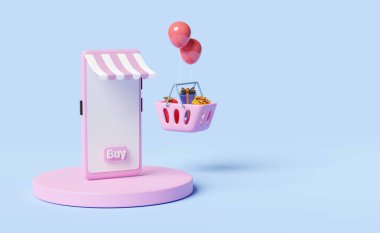 cep telefonu veya akıllı telefon mağaza önü, pembe silindir podyum, alışveriş sepeti, mavi arka planda izole edilmiş hediye kutusu, bayilik işi veya çevrimiçi alışveriş konsepti, 3D illüstrasyon veya 3D canlandırma