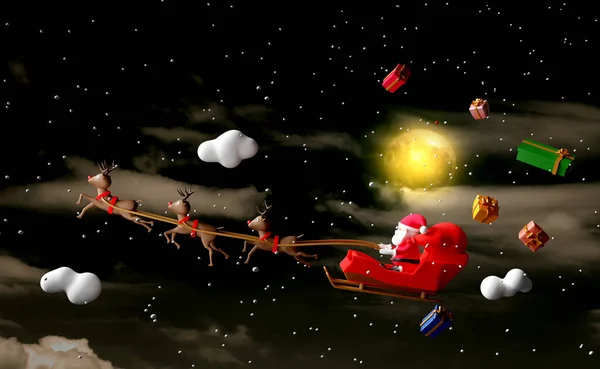 Père Noël Traîneau Avec Traîneau Rennes Pleine Lune Dans Ciel — Photo