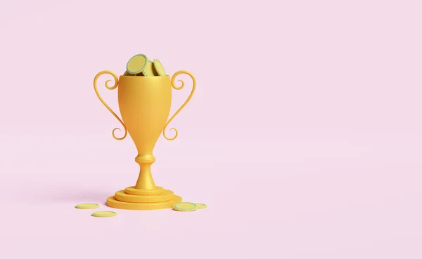 Golden champion cup or trophies with coins,space isolated on pink background ,Concept 3d illustration or 3d render