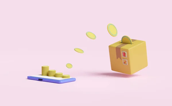 ストアフロント 積層コインの山を持つ携帯電話やスマートフォン ピンクの背景に隔離された商品段ボール箱 オンラインショッピングやお金の概念を節約 3Dイラストや3Dレンド — ストック写真