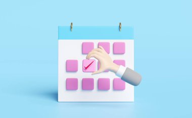 İş adamı eliyle takvim tarihi, mavi arkaplanda izole edilmiş kontrol işareti. Konsept 3d illüstrasyon veya 3d görüntüleme