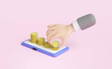 Çizgi film karakteri iş adamı elleri cep telefonu veya akıllı telefon ile bozuk para tutuyor, pembe üzerine izole edilmiş bozuk paralar yığıyor. İnternet alışverişi, tasarruf, iş büyüme konsepti, 3D resimleme veya 3D görüntüleme