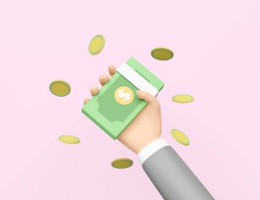 Pembe arka planda izole edilmiş banknotları tutan karikatür işadamı elleri. Pembe pastel arka planda izole edilmiş hızlı kredi onayı veya kredi onayı kavramı, 3D illüstrasyon veya 3D canlandırma