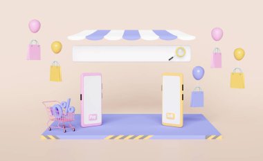 cep telefonu veya akıllı telefon mağaza önü, alışveriş arabası, kağıt poşetler, büyüteç, mavi arkaplanda izole edilmiş boş arama çubuğu, online alışveriş veya arama veri konsepti, 3D illüstrasyon veya 3D görüntüleme