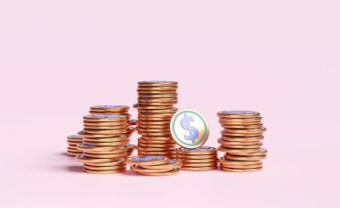 Beyaz arkaplanda izole edilmiş bakır renkli dolar desteleri, üç boyutlu oluşturma