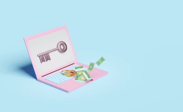 laptop computer with golden lock and copper key,banknote isolated on blue background.Internet security or privacy protection or ransomware protect concept,Isometric 3d illustration or 3d render