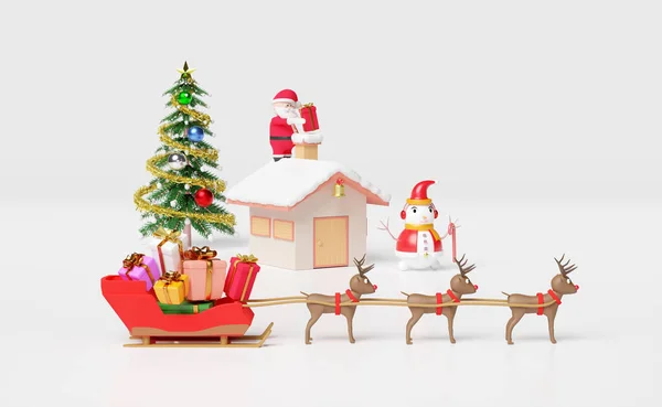 Έλκηθρο Ταράνδων Santa Claus Σπίτι Κουτί Δώρου Χριστουγεννιάτικο Δέντρο Που — Φωτογραφία Αρχείου