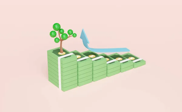 Pile Banknote Tree Arrow Isolated Pink Pastel Background Financial Success — Stock Photo, Image