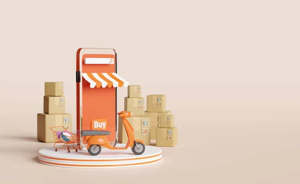 podium and orange mobile phone or smartphone with store front,scooter,goods box,shopping cart isolated on pink background.Online delivery or online order tracking concept,3d illustration or 3d render