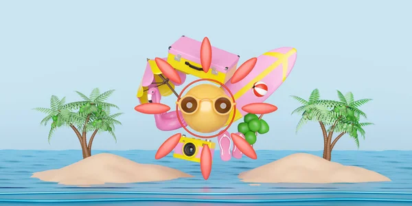 Sommar Resa Med Gul Resväska Sol Kamera Paraply Uppblåsbar Flamingo — Stockfoto
