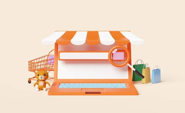 Monitor Computadora Naranja Con Frente Tienda Carro Bolsas Papel Lupa — Foto de Stock