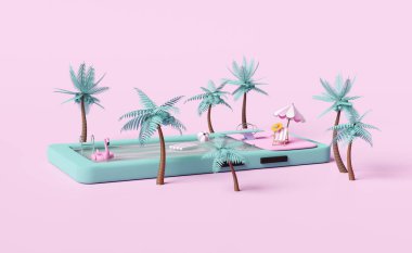 Yüzme havuzu, avuç içi, plaj sandalyesi, şişme flamingo, şemsiye, sandalet, pembe arka planda izole bahar panosu. Yaz tatili konsepti, 3D çizim veya 3D çizim.