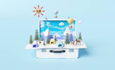 Karikatür elleri, beyaz bavul, karlı dağlar, bulut, noel ağacı, geyik, sıcak hava balonu, güneş, mavi pastel arka planda izole edilmiş çadır, konsept 3d illüstrasyon veya 3d