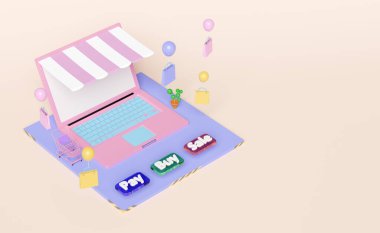 Pembe pastel arka planda izole edilmiş bilgisayar, dükkan önü, alışveriş arabası, kağıt poşetler, satış, ödeme etiketi, online alışveriş konsepti, 3D illüstrasyon veya 3D görüntüleme