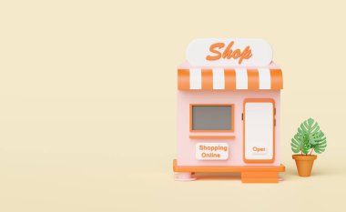 Portakal renkli cep telefonu veya akıllı telefonu olan dükkan veya mağaza önü, pembe arka planda izole edilmiş ağaç. Başlangıç bayiliği işi, çevrimiçi alışveriş konsepti, 3D illüstrasyon veya 3D görüntüleme