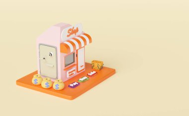 Marketin önünde turuncu cep telefonu veya akıllı telefon, alışveriş arabası, alım satım, ödeme etiketi, pembe üzerine izole edilmiş kasa. Başlangıç bayiliği işi, çevrimiçi alışveriş konsepti, 3D çizim veya 3D çizim