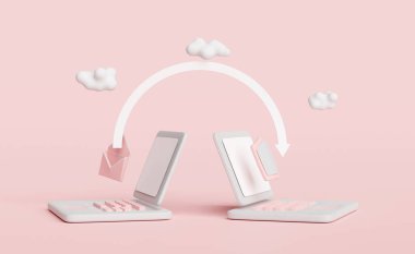 Gri dizüstü bilgisayar, kalkan, zarf, pembe arka planda izole edilmiş bulut. İnternet güvenliği veya gizlilik koruması veya fidye amaçlı yazılım koruma kavramı, 3D illüstrasyon veya 3D görüntüleme