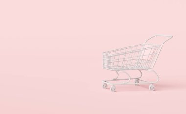 Pembe arkaplan, konsept 3d illüstrasyon ya da 3D canlandırma üzerinde izole edilmiş boş alanı olan alışveriş arabası