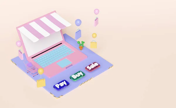 笔记本电脑 带有店面 购物车 用粉色粉刷背景隔离支付标签 在线购物概念 3D插图或3D渲染 — 图库照片