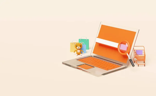 orange computer monitor with store front,cart,paper bags,magnifying glass,blank search bar,teddy bear isolated on pink background,online shopping or search data concept,3d illustration or 3d render