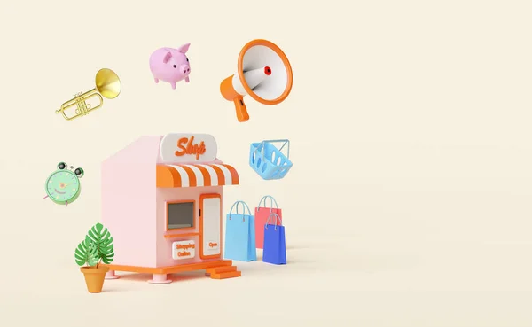 Shop Store Front Orange Mobile Phone Smartphone Megaphone Piggy Bank — Stock Photo, Image