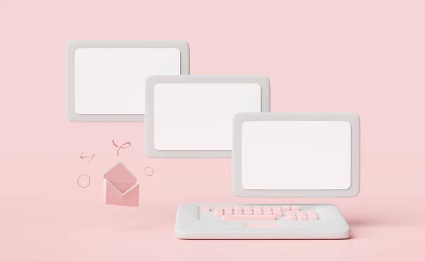 Szary Laptop Kopertą Izolowane Różowym Tle Wysyłanie Odbieranie Mail Marketingu — Zdjęcie stockowe