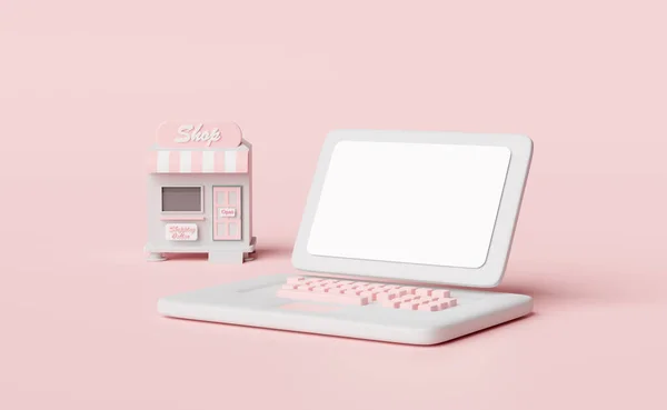 Grey Laptop Computer Shop Store Front Isolated Pink Pastel Background — Stock Photo, Image