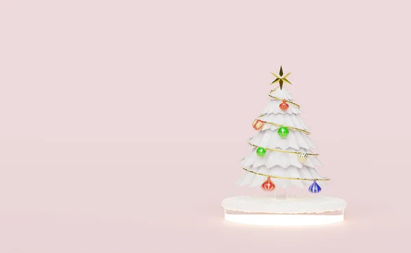 Christmas Tree Snow Ornaments Isolated Pink Modern Stage Display Minimalist — Stock Photo, Image
