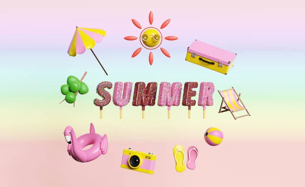 Summer Travel Suitcase Beach Chair Umbrella Inflatable Flamingo Ice Cream Stock Image