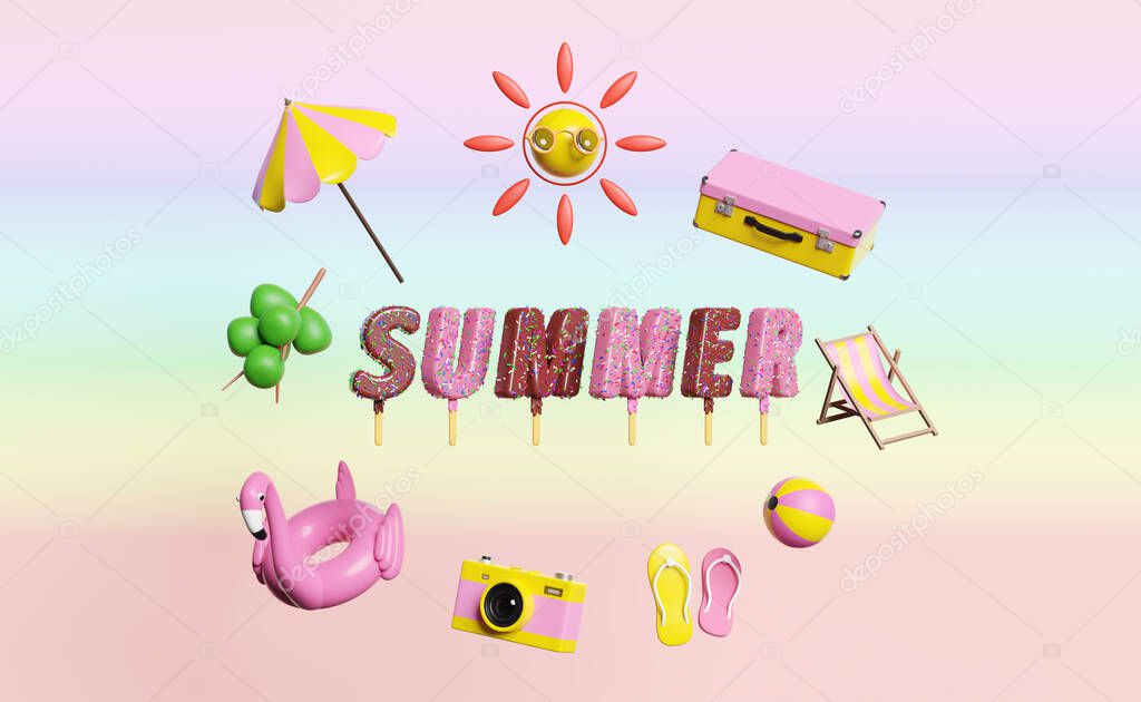 summer travel with suitcase,beach chair,umbrella,Inflatable flamingo,ice cream sticks,coconut,sun,camera,sandals isolated landscape background concept ,3d illustration or 3d render