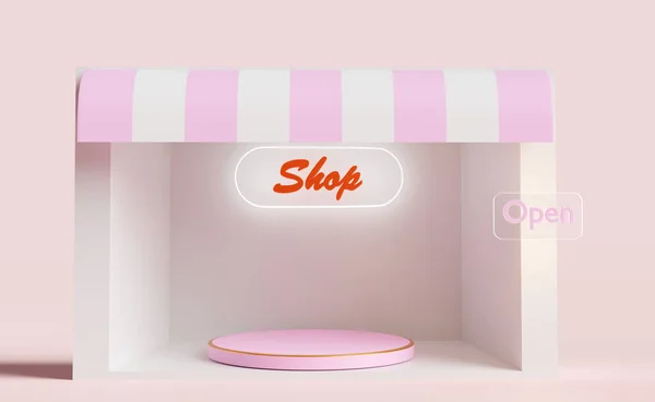 Cylinder Stage Podium Shop Store Front Isolated Pink Background Open — Stock Photo, Image