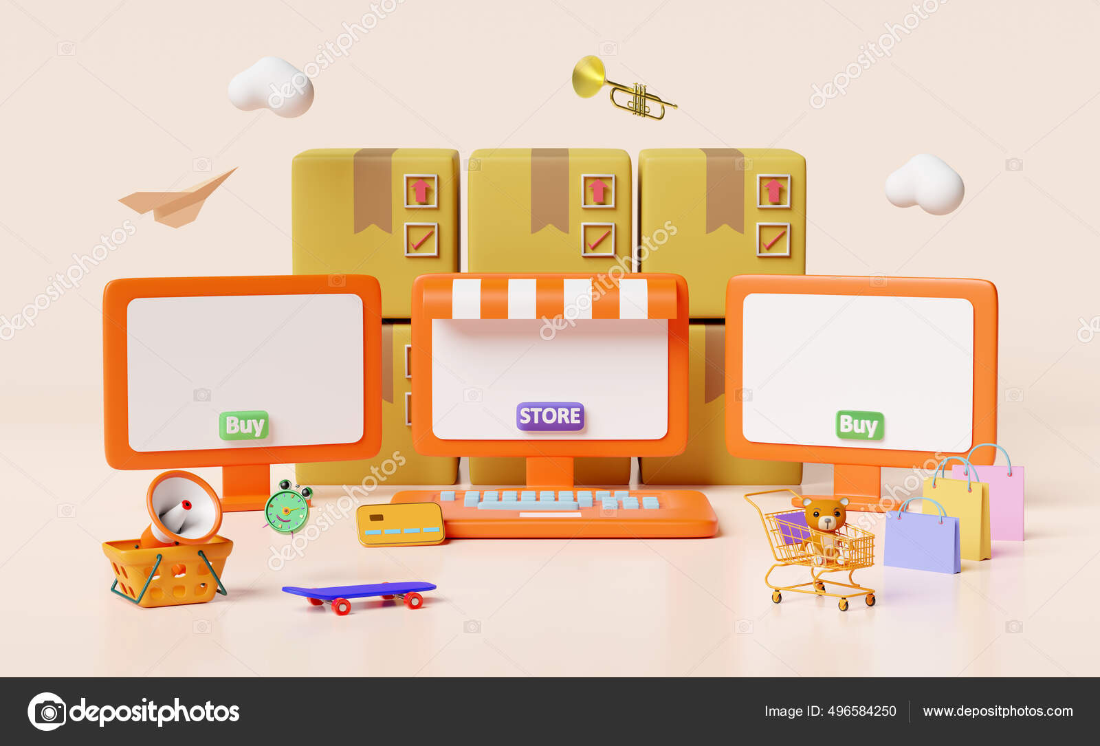 Orange Computer Monitor Store Front Cart Paper Bags Goods Cardboard