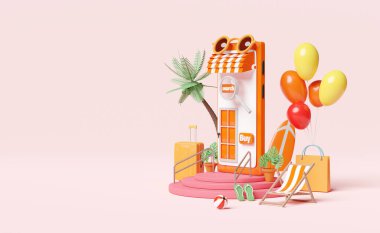 Sahne podyumunda portakal renkli cep telefonu veya akıllı telefon mağazası önü, bavul, sörf tahtası, plaj sandalyesi, balon, avuç içi, alışveriş kağıtları, online alışveriş yaz satışı konsepti, 3D illüstrasyon ya da 3D çizim