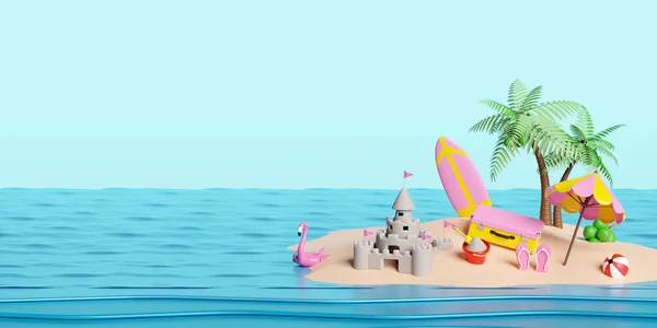 Sommerreise Mit Gelbem Koffer Sandburg Surfbrett Insel Sonnenschirm Aufblasbarem Flamingo — Stockfoto