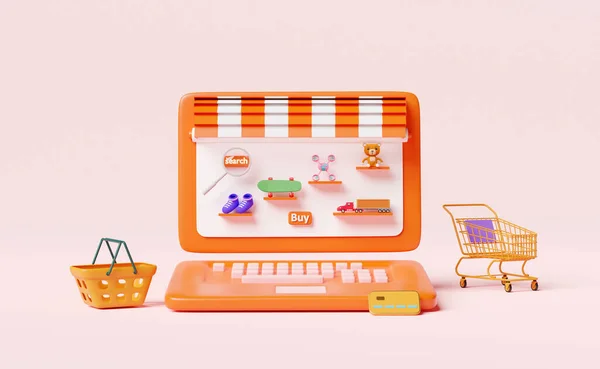 orange computer monitor with store front,magnifying,teddy bear,truck,skateboard,drone,cart,credit card isolated on pink background,online shopping or search data concept,3d illustration or 3d render
