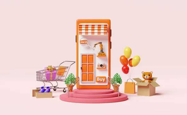 Bühnenpodest Mit Orangefarbener Handy Oder Smartphone Ladenfront Ballon Einkaufswagen Papiertüten — Stockfoto