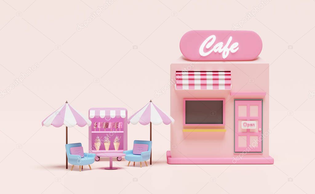 shop store cafe with ice cream showcases or fridge,coffee table, umbrella isolated on pink  background,3d illustration or 3d render